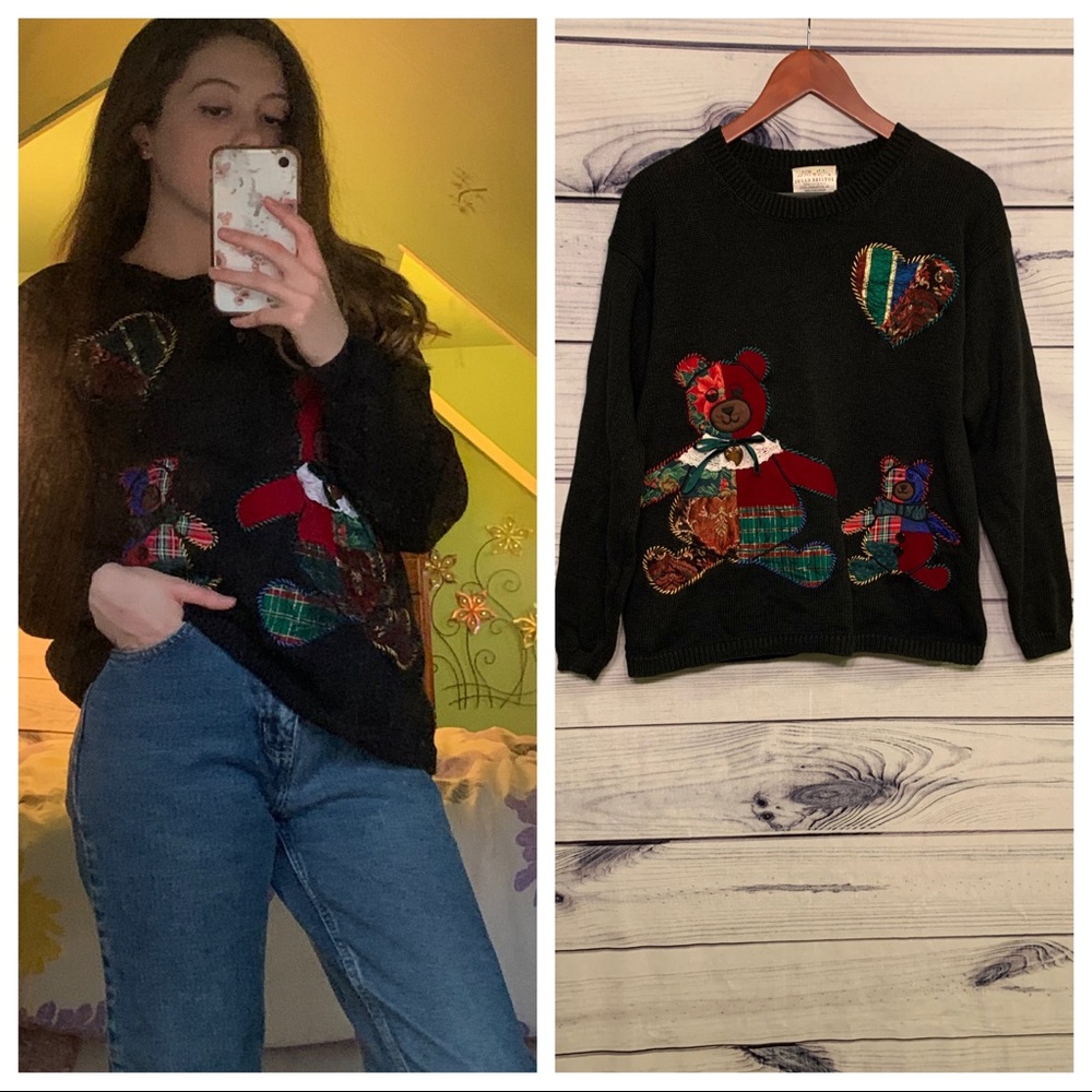 Vintage Black Sweater with Colorful Bear Design